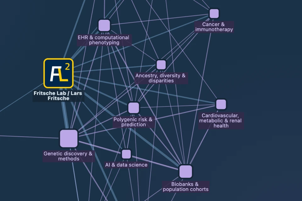 Network preview showing research directions connected around the Fritsche Lab marker.