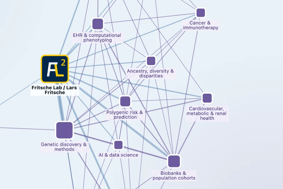 Network preview showing research directions connected around the Fritsche Lab marker.