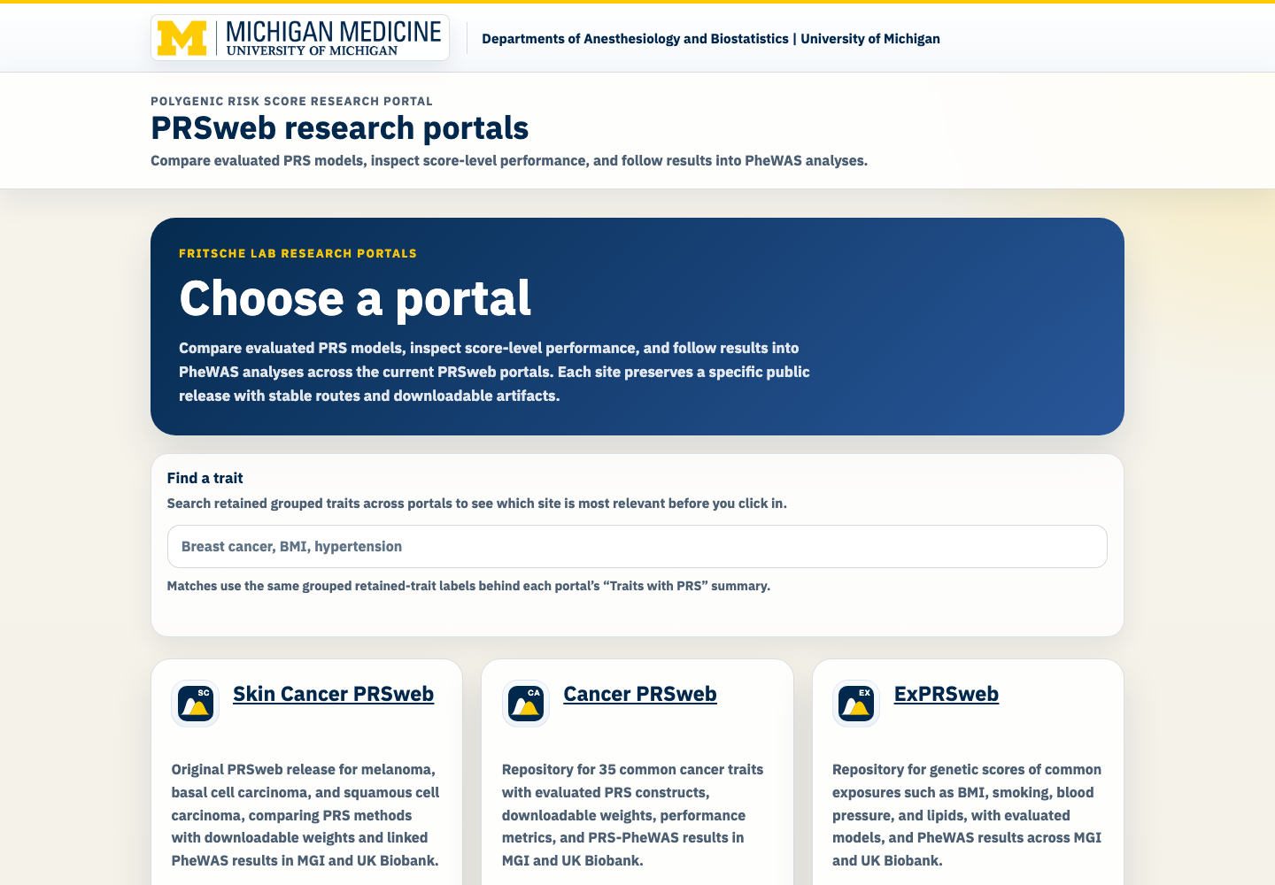 The public PRSweb landing page with trait search and cards for the three archived releases.